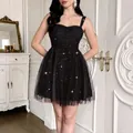 Elegant black sequin tulle mini dress with spaghetti straps for cocktail parties and gala - S / Black