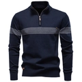 Détail de ce pull en maille marine avec col montant zippé et rayures tissées blanches - S / Bleu Marine