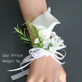 White calla lily wrist corsage with green leaves and ribbon for weddings, 9x11cm size - Wrist Flower Style 4