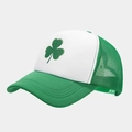 Close-up of breathable mesh back and clover embroidery on this summer baseball cap - Grass Green and White Contrast