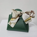 Dark green leather wedding favor box with a gold chain pattern silk ribbon bow - Dark Green