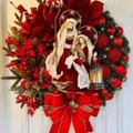 Illuminated Christmas wreath with Nativity scene, red berries and festive bow on white door - 30cm Red Flat