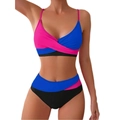 Two-piece color block bikini set with crisscross top in pink, blue and black contrast - S / Royal Blue