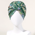 Bohemian retro turban hat with green exotic floral print and rose-shaped top knot - Light Green