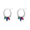 Macro detail of silver circle stud earrings with colorful marquise-cut crystal petals - VE1338 Silver 1 Pair