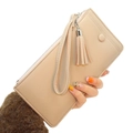 Beige pebble leather long wallet for women featuring fringe detail and wristlet strap - Apricot