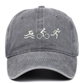 Unisex graue verwaschene Baumwoll-Basecap mit bestickten Triathlon-Sportikonen - Verstellbar / Grau