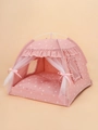 Pink daisy pet tent with white mesh door and thick matching cushion for cats and dogs - Pink Scalloped