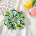 Light green organza hair scrunchie with yellow lemon patterns on white fabric - Green Pear