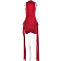 Detail view of red sleeveless bodycon dress featuring side drawstrings and pleated hemline - S / Burgundy