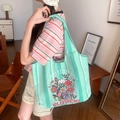 Vertical green striped canvas tote bag with floral print and Flowers text detail - Green Stripe Flowers