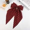 Classic red and black plaid bow hair clip with long ribbons in preppy vintage style - Wine Red Plaid