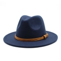 Detail of navy wool fedora hat featuring a brown snakeskin pattern leather band with buckle - M (56-58cm) / Navy Blue