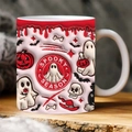 Detailed view of ceramic Halloween mug featuring Spooky Season relief and pumpkin patterns - Red