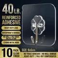 Set of 10 strong transparent wall hooks with 6x6cm adhesive backing and metal hooks - Transparent Strong Hooks (10 Pack) - Bagged / Clear