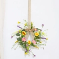 Easter floral wreath with colorful daisies, eucalyptus leaves and burlap bow on white background - Burlap Bow Hanging Ring / Purple Yellow Pink Wreath