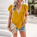Short sleeve V-neck blouse in yellow lace patchwork style for women summer fashion - S / Yellow