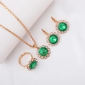 Elegant gold-plated jewelry set featuring green crystal flower pendant, earrings and ring - Three-Piece Set / Round-Green