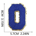 Blue chenille letter O patch with gold sequins showing size 8cm by 5.7cm dimensions - Letter O