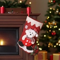 Hanging red burlap Christmas stocking with a 3D plush white bear in festive outfit - Bear Style