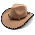 Detail of khaki felt cowboy hat with braided leather band and star metal ornament - Camel