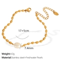 Bracciale dorato in acciaio inossidabile con perle d'acqua dolce 7,4mm e catena 17+5cm - SL82 Perla d'acqua dolce / Bracciale Oro