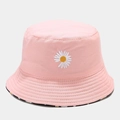 Dettaglio del cappello alla pescatora rosa con ricamo a margherita e tesa rinforzata - M (56-58cm) / Rosa Nero Doppia Faccia Margherita
