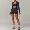 Three-piece seamless charcoal grey yoga set with zip jacket, bra and high waist shorts - S / Jacket + Bra + Shorts / Dark Gray