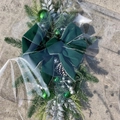 Christmas stair swag with dark green velvet bow, silver ornaments, and natural pine cones - Non-luminous Green