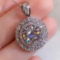 Elegant silver pendant necklace with a round brilliant cut stone in a double halo setting - Xl-74 (with Chain)