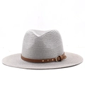 Grey fedora straw hat with brown leather band and gold rivets for sun protection - Gray