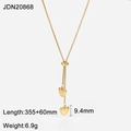 Detail shot of 14K gold Y-shaped necklace with dual heart pendants and size specs - Double Heart Pendant Style (JDN20868) / Gold