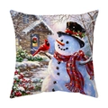 Christmas snowman pillow cover with cardinal bird and winter snow scene digital print - Snowman in Top Hat and Snow House