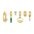 6-delige gouden oorbellenset met sterhangers, groene edelstenen en uilenknopjes op wit - 6-Delige set / Goud