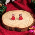 Festive red lucky bag bunny wooden stud earrings displayed on a rustic wood stand - Rabbit Lucky Bag