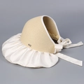 Detail of satin jacquard brim and straw crown on an elegant wide sun hat with a bow - M (56-58cm) / Off-white