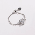 Detail of silver chain ring with oval zircon, heart pendant and adjustable ball slide - White Zirconia - Silver Plated