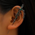 Gothic punk snake and sword industrial piercing earring with green gems in gunmetal - Long Sword Snake Wrap Ear Cuff (5667) / Gunmetal