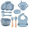 9-piece blue silicone baby feeding set with suction plate, bowl, bib, and wooden utensils - Full Tableware Set (Blue/Y21)