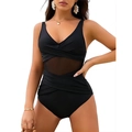 Elegant black one-piece swimsuit featuring mesh patchwork and pleated V-neck design - S / Black