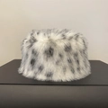 Winter faux fur bucket hat featuring a grey and black leopard print pattern - M (56-58cm) / White