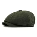 Classic herringbone wool newsboy cap in dark olive green featuring a vintage British style - Army Green / Elastic Band