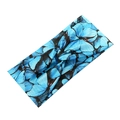 Crossed yoga headband with blue butterfly wing print on a soft stretch fabric - Blue Wing Texture