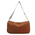 Caramel nylon crossbody bag with fashion pattern strap and rectangular leather patch - Dark Brown