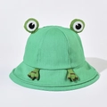 Close-up of green cotton frog sun hat showing 3D eyes and Good embroidery detail - 56-58cm / Adult Green