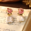 Vintage pink enamel rose earrings with baroque pearls on retro letter background - Pink Rose Baroque Pearl Earrings (E4-21803-7500)