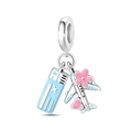 Silberner Reise-Anhänger mit hellblauem Flugticket und pinkfarbenem Flugzeug mit Blumen - Himmelsreise Pilot-Stil (Z-035)