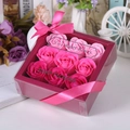 Elegant 9-piece gradient pink soap rose flower box with wine red base and pink ribbon - 9 Pieces / Pink Gradient