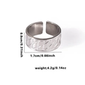 Detail view of silver stainless steel ring with textured geometric engraving and dimensions - Adjustable Open / Silver-Geometric Twill (TYR0561)