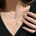 Silver Y-shaped bow necklace with rectangular zircon pendant and long chain drop - Silver Y-Shape Drop Necklace (XL1697)